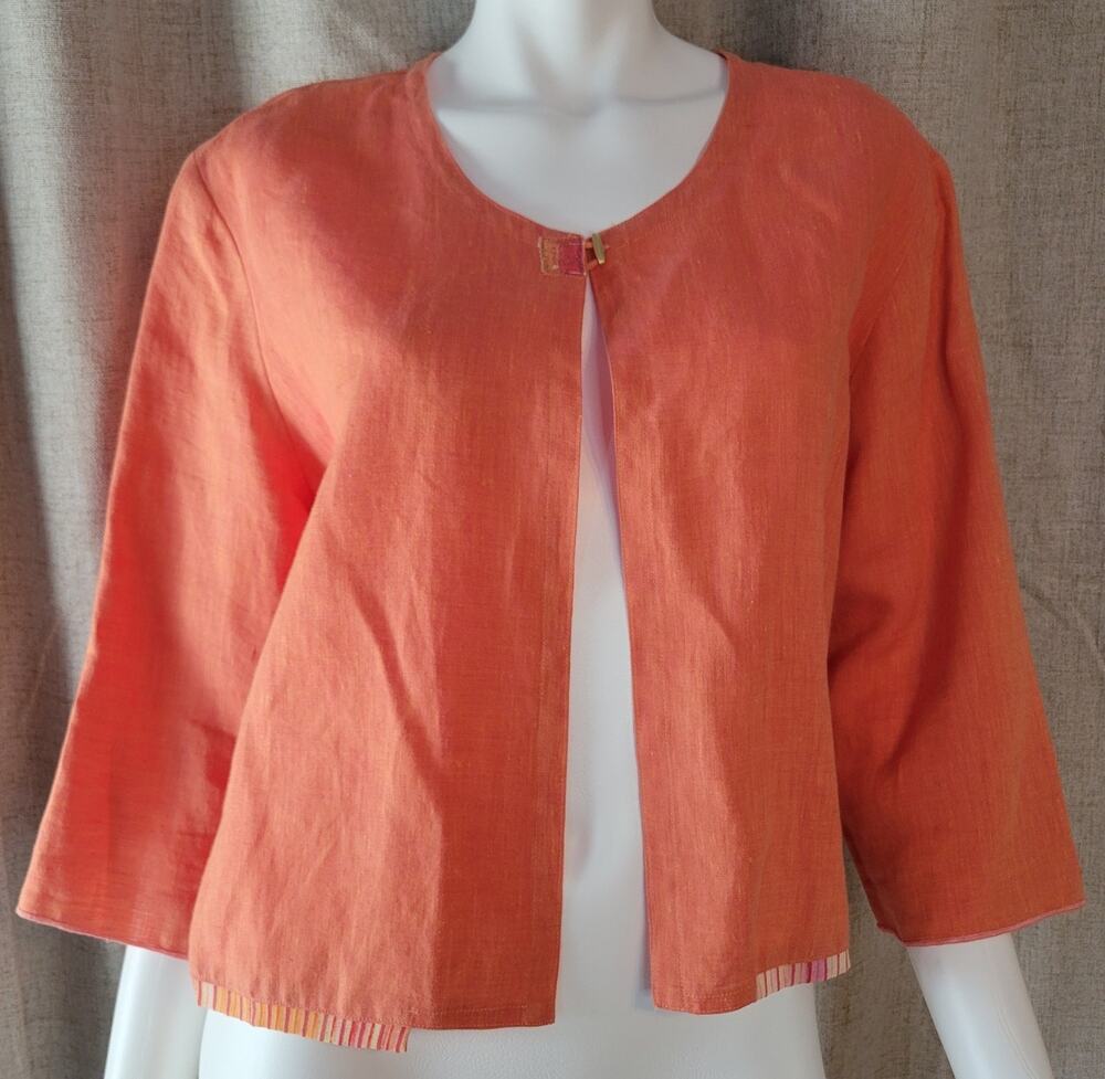 K.D. Spring 1 Button Linen Cardigan Blazer 3/4 Sleeve Orange Wearable Art Size L